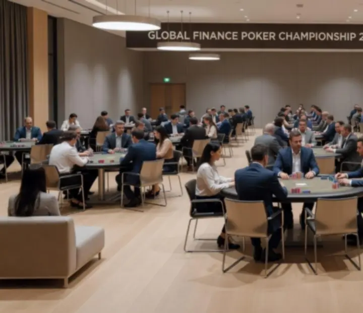 Duże przyjęcie firmowe z kilkoma stołami pokerowymi i elegancką oprawą świetlną.