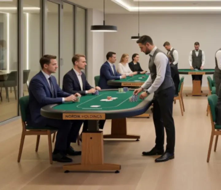 Mobilne stoły pokerowe przygotowane na firmowy wieczór w stylu kasyna.