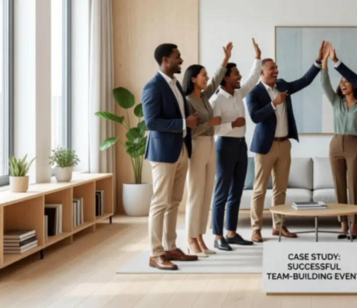 Zespół świętujący sukces po intensywnym programie team-buildingowym.
